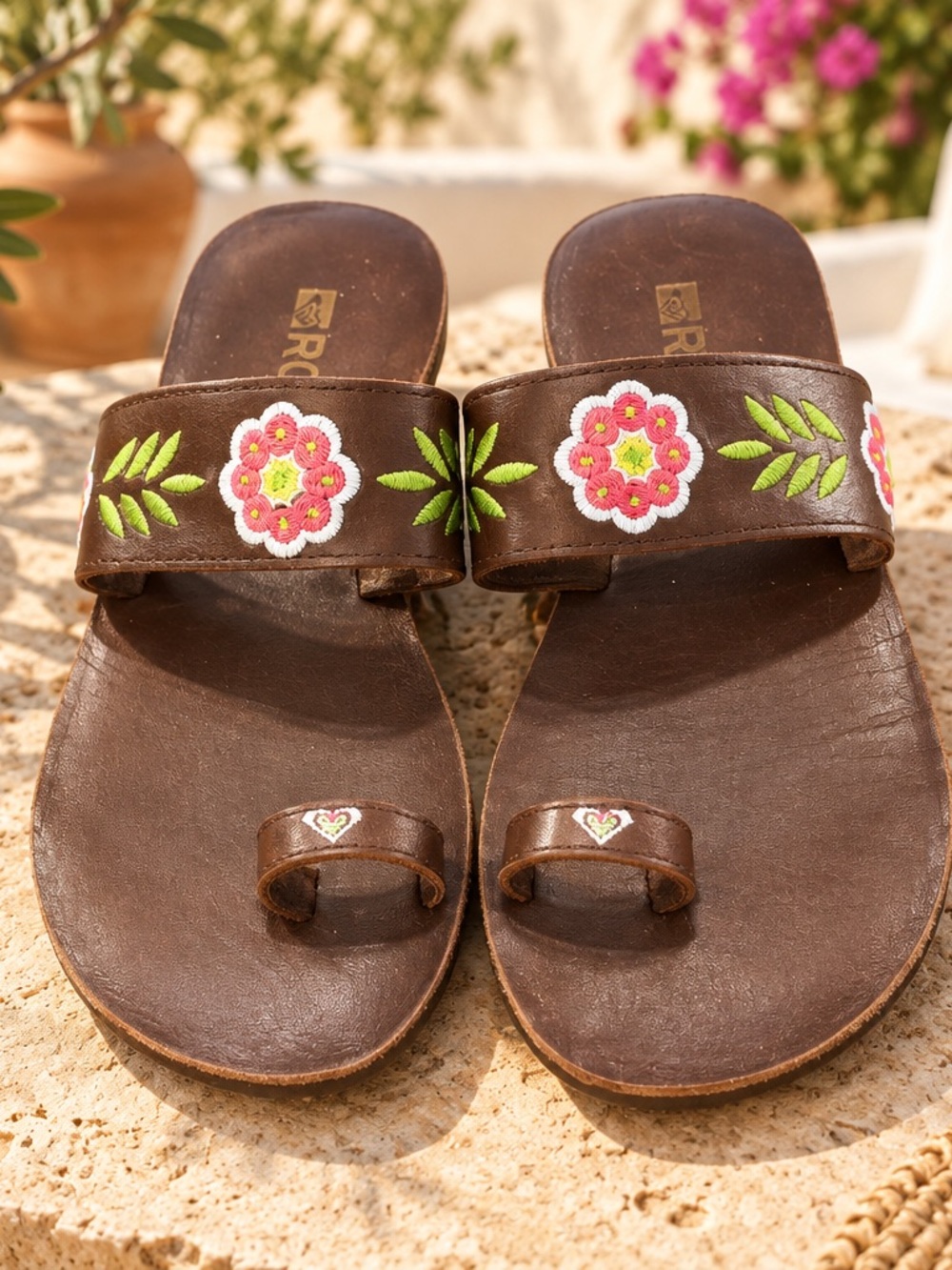 Roxy Brown Sandals with Pink & Green Floral Embroidery - Women's